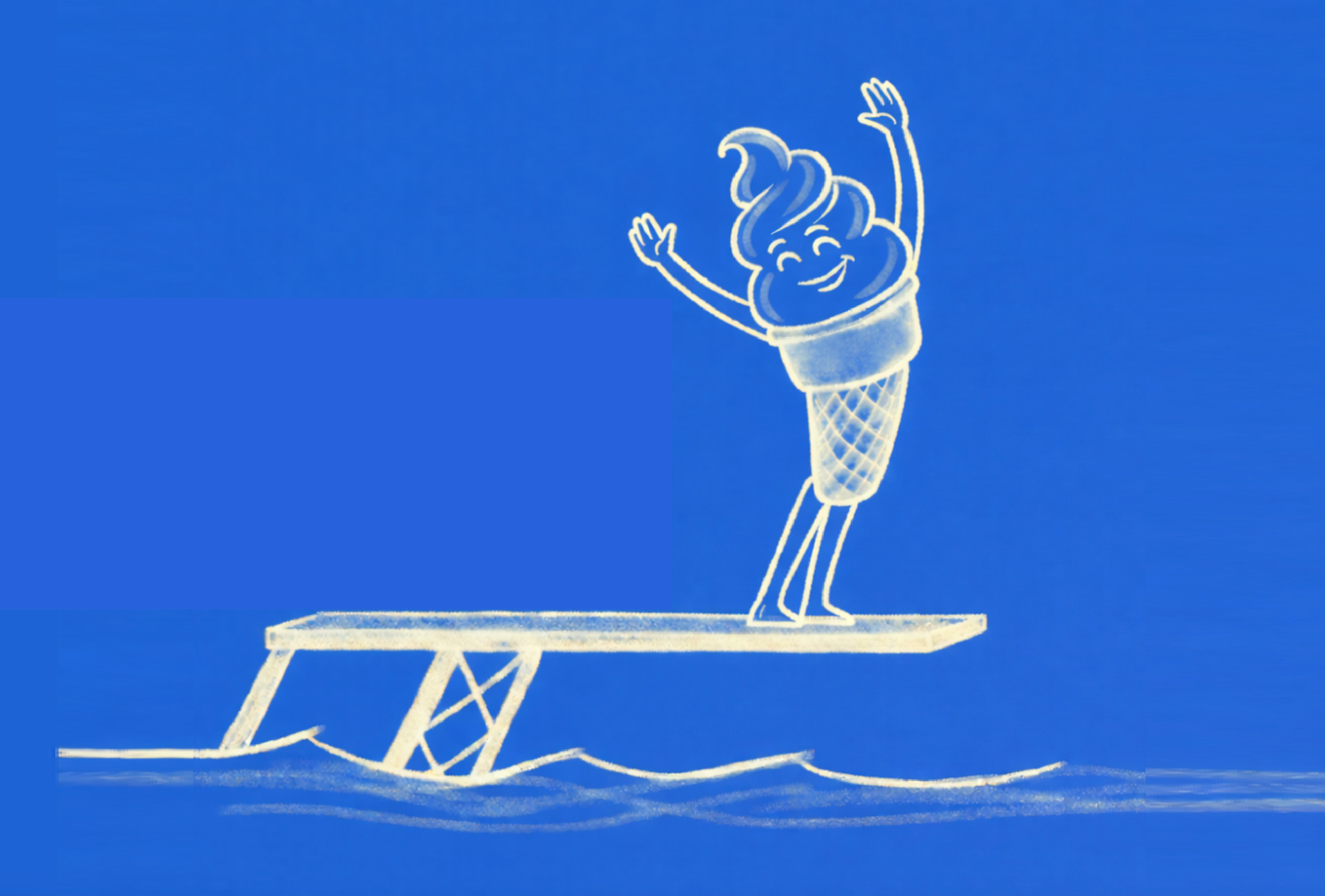 Illustration trempette, une glace prend son élan sur un plongeoir de piscine, bras en l'air